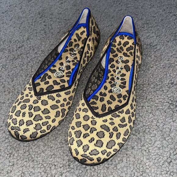 ROTHY'S  ROUND TOE SLIP ON TAN & BLACK LEOPARD PRINT BALLET FLATS - NWOT - 8.5 - Picture 1 of 9